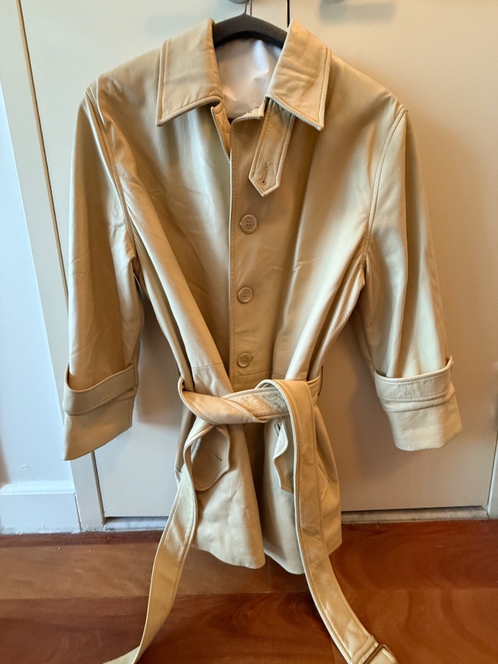 Vintage Ralph Lauren Butter Yellow/Beige Leather Trench Coat - fits Small/Med!